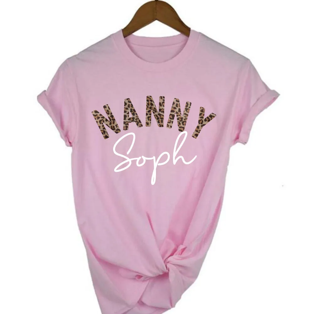 Nanny Leopard Personalised Name T-Shirt grandma outfits sale