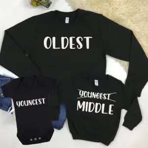 New Sibling Oldest/Youngest/Middle Black Sweatshirt & Bodysuits (MRK X) maternity wear outlet