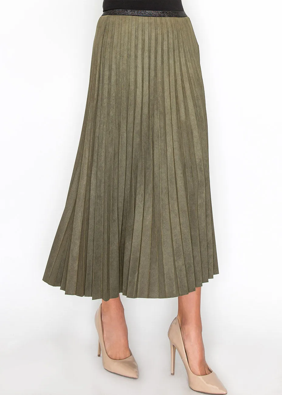 Olive Pleated Suede Midi Skirt