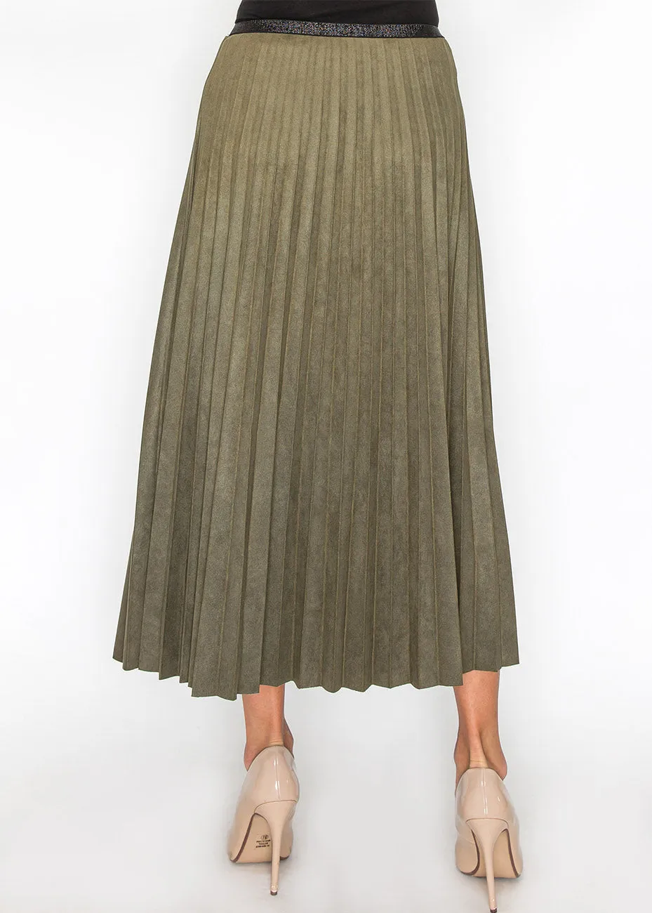 Olive Pleated Suede Midi Skirt