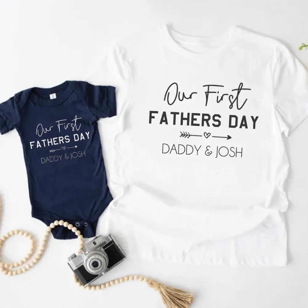 Our First Father's Day Matching T-Shirt/Bodysuit - White/ Navy daddy outfits clearance