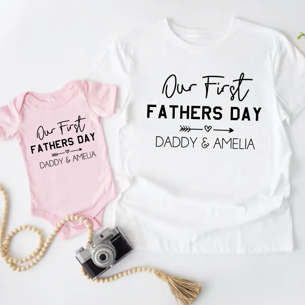 Our First Father's Day Matching T-Shirt/Bodysuit - White/ Pink dads clothes cheap