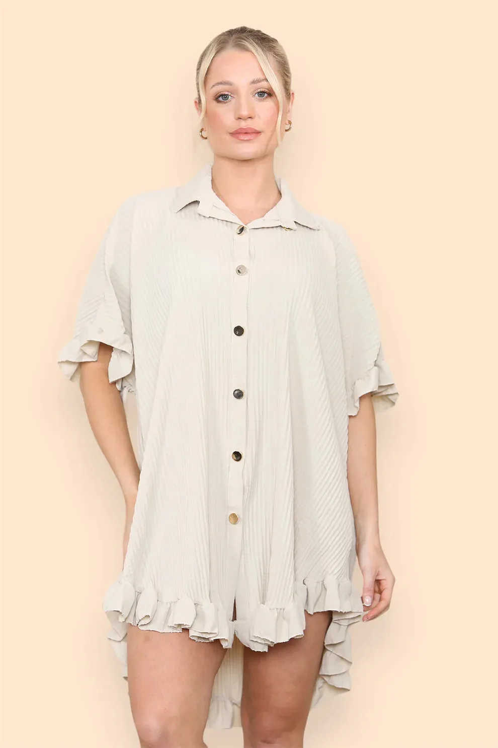 Over Sized Italian Gold Button Pleated Frill Ruffle TikTok Dress Top