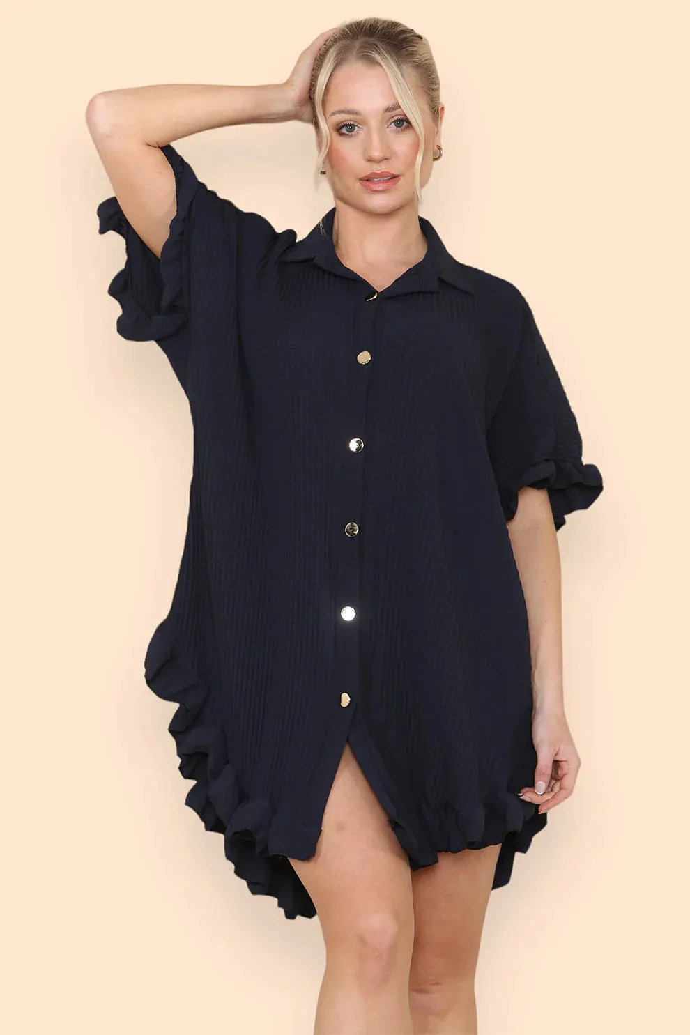 Over Sized Italian Gold Button Pleated Frill Ruffle TikTok Dress Top