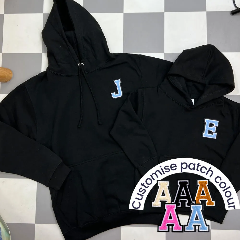 Patch 22 Matching Personalised Initial Hoodies- Black maternity wear outlet