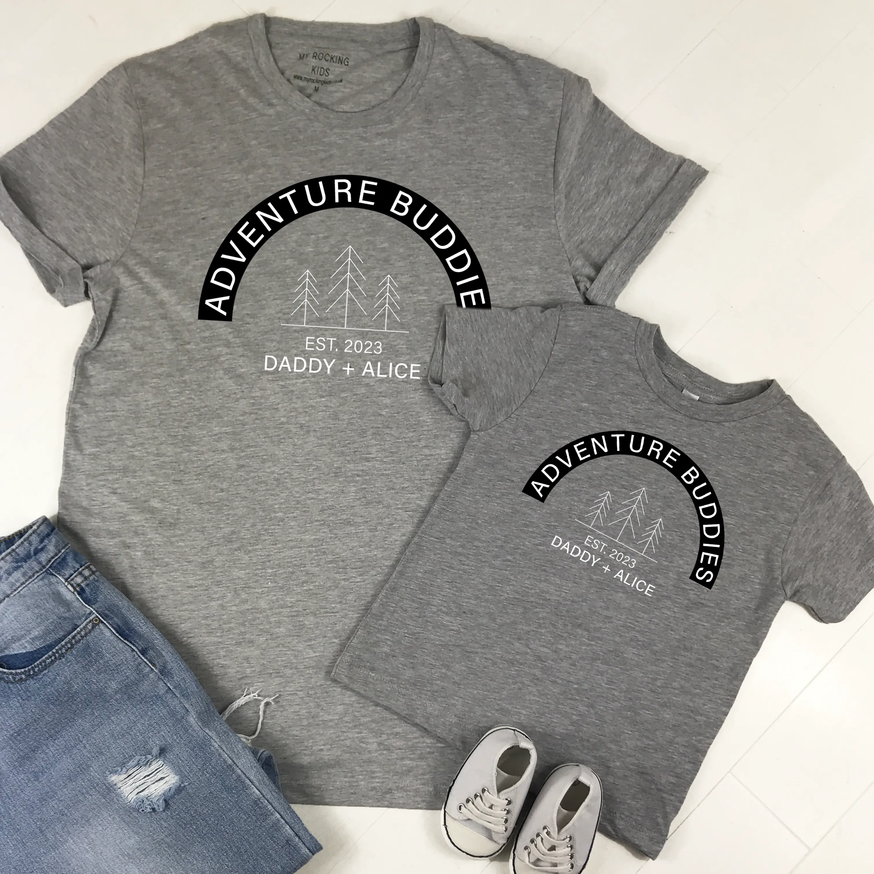 Personalised Adventure Buddies Dad & Baby Matching T-Shirt Grey daddy outfits clearance