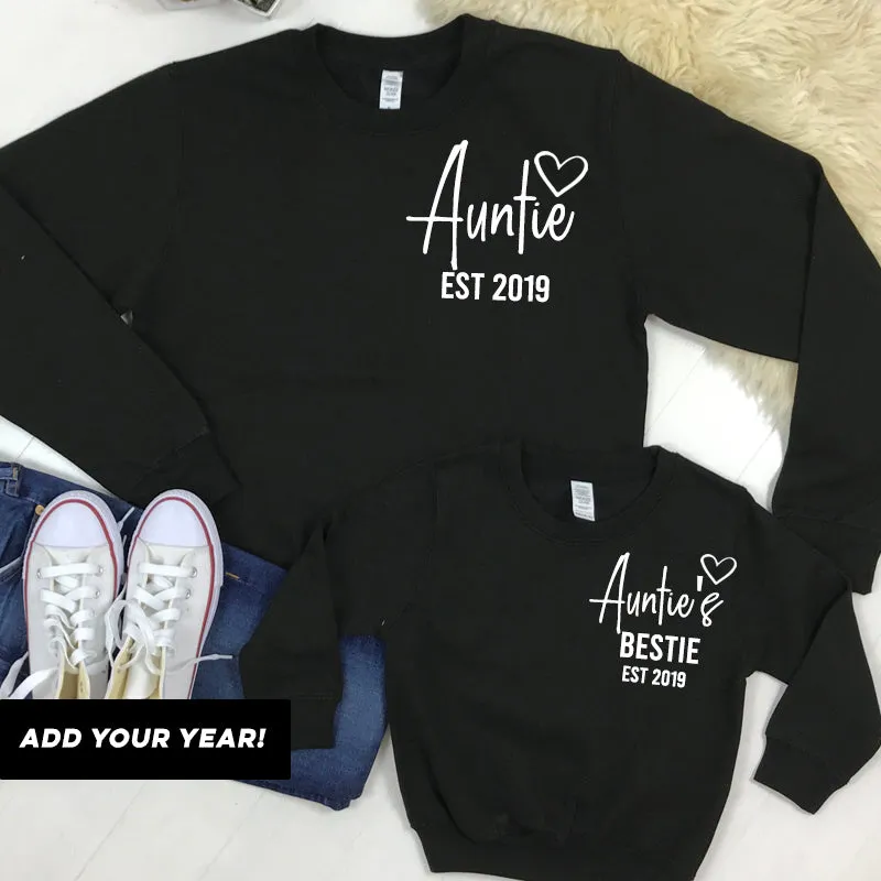 Personalised Auntie and Auntie's Bestie Mini Logo Black Sweatshirts (MRK X) Auntie Clothing - auntie fashion outlet