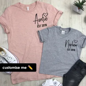 Personalised Auntie and Nephew Heart Established Mini Logo T-Shirts (MRK X) Auntie Clothing - auntie fashion outlet