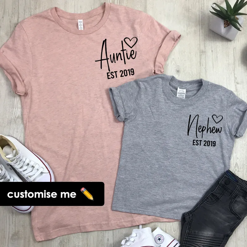 Personalised Auntie and Nephew Heart Established Mini Logo T-Shirts (MRK X) Auntie Clothing - auntie fashion outlet