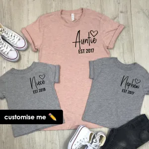 Personalised Auntie, Niece & Nephew Heart Established Mini Logo T-Shirts (MRK X) Auntie Clothing - auntie fashion outlet