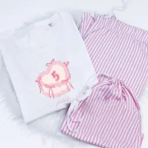 Personalised Coquette Birthday Cake Kids T-shirt & Pink Striped Pyjama set girls clothes cheap