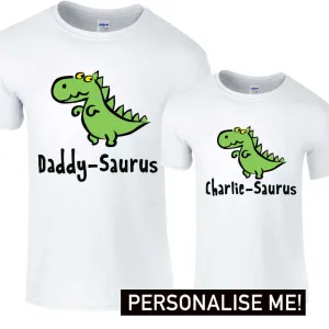 Personalised Dino Daddy & Kid Saurus Matching Tees- White mens dad clothes online