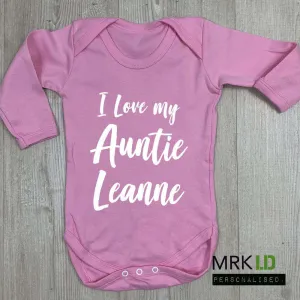 Personalised Love Auntie Pink Long-Sleeve Bodysuit (MRK X) Auntie Clothing - auntie fashion outlet