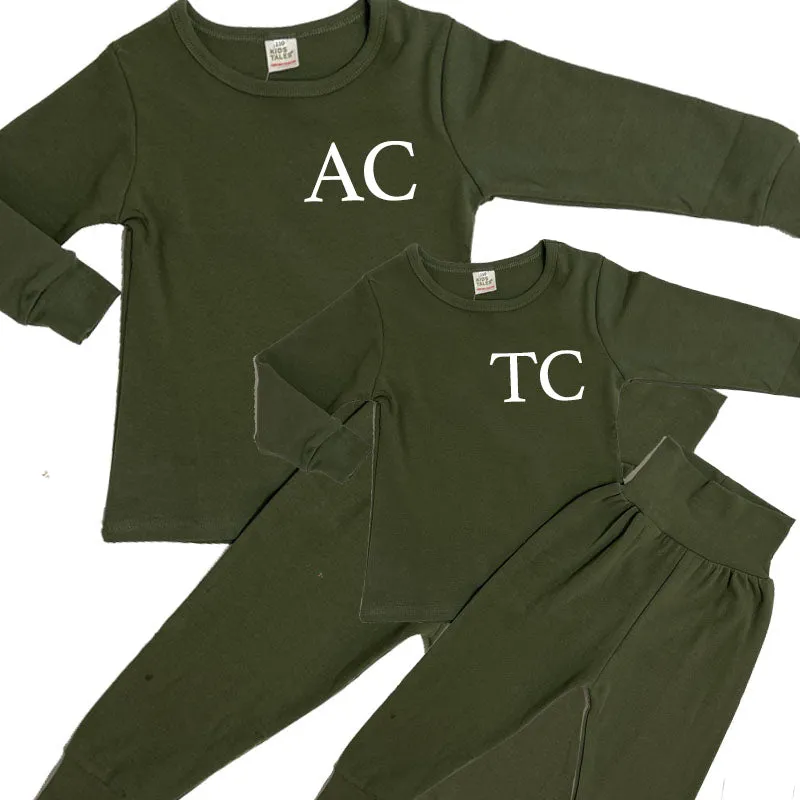 Personalised Mum & Kid Matching Initial London Lounge Sets Military Green nursing tops best deals