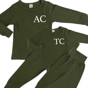 Personalised Mum & Kid Matching Initial London Lounge Sets Military Green nursing tops best deals
