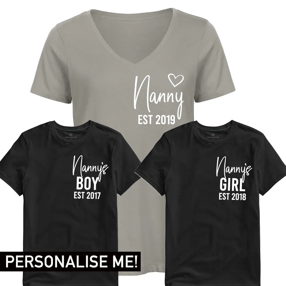 Personalised Nanny & Nanny's Boy & Girl Established Matching Tees (MRK X) grandma outfits sale