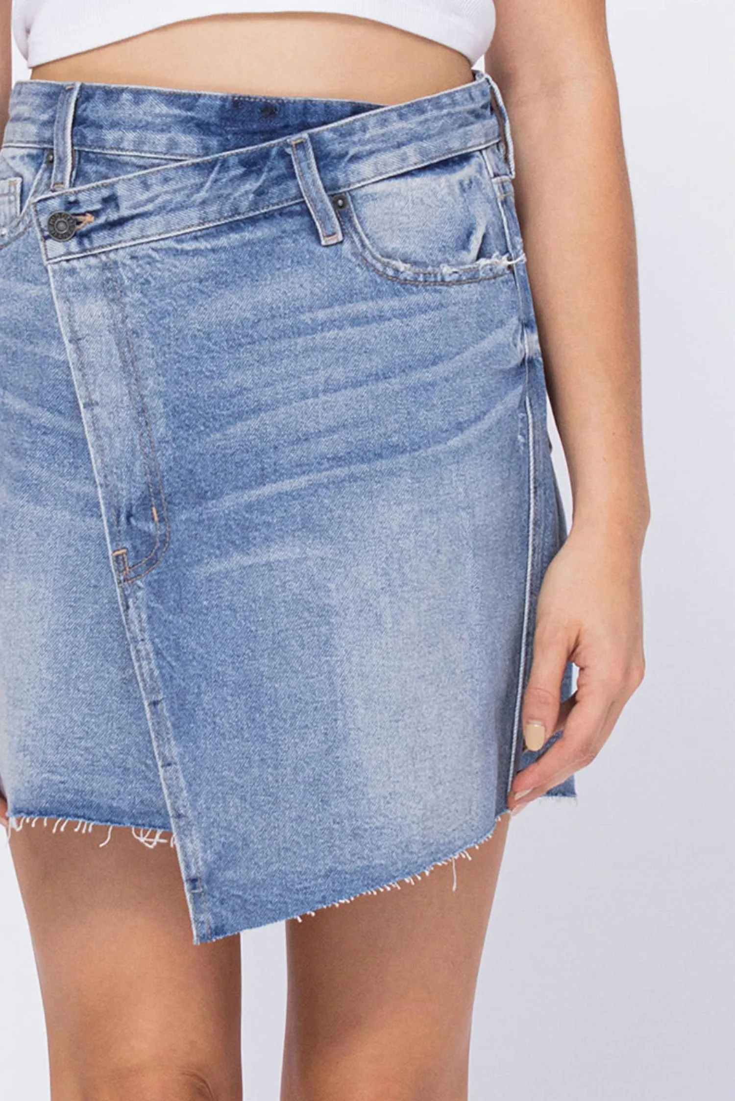 Peyton High Rise Slanted Mini Skirt In Medium Wash