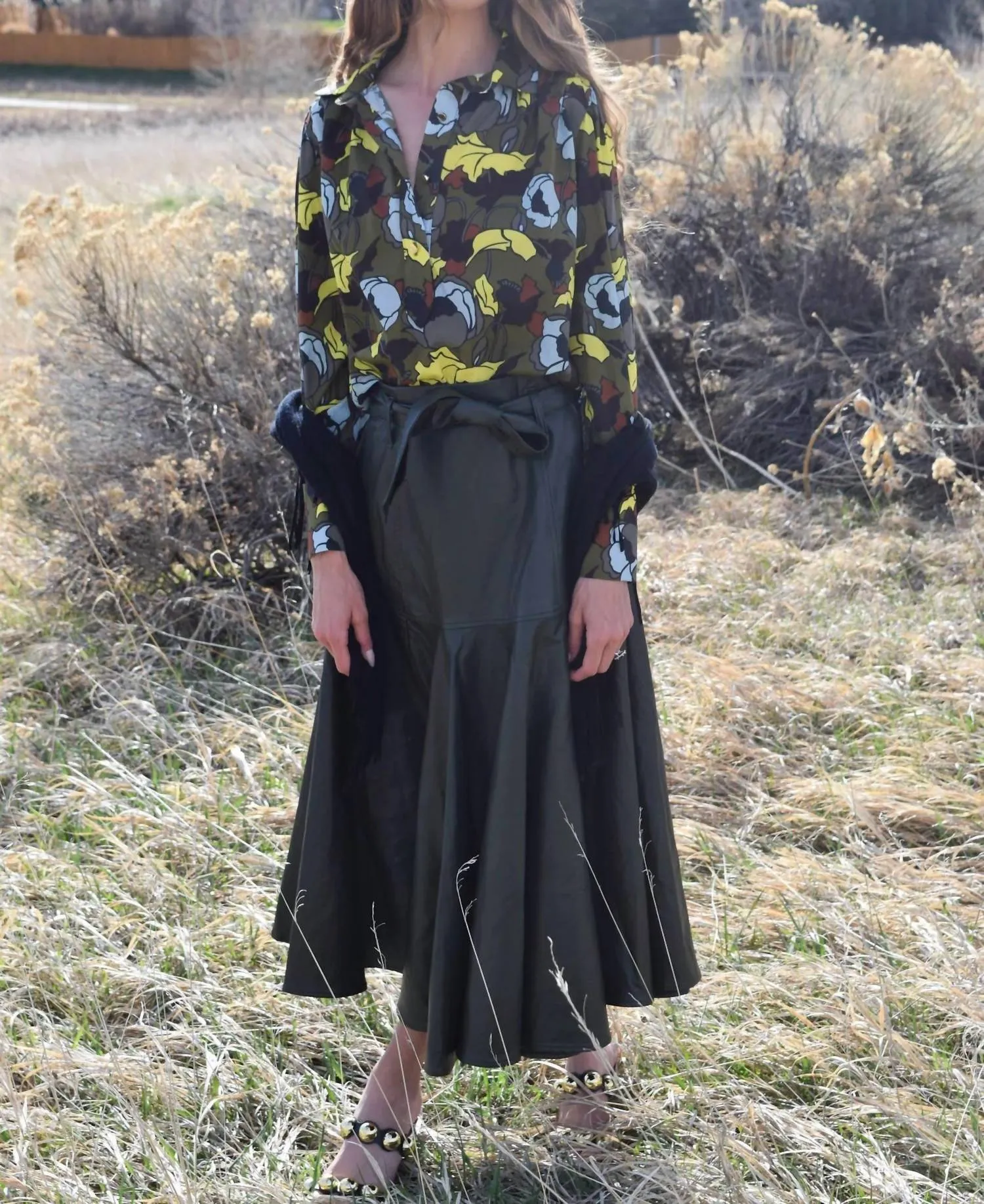 Prairie Midi Skirt In Olive Faux Leather