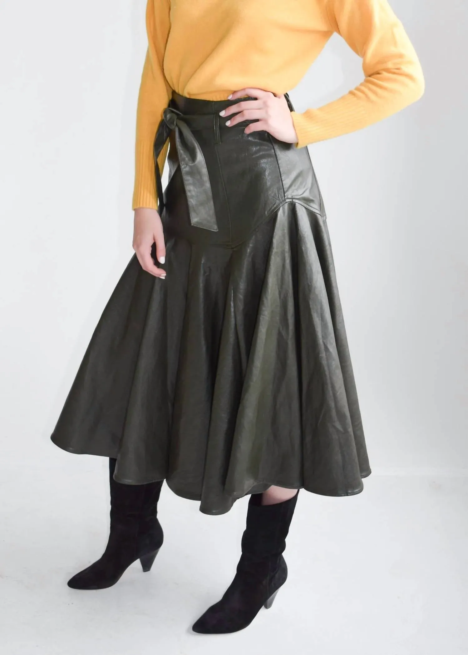 Prairie Midi Skirt In Olive Faux Leather