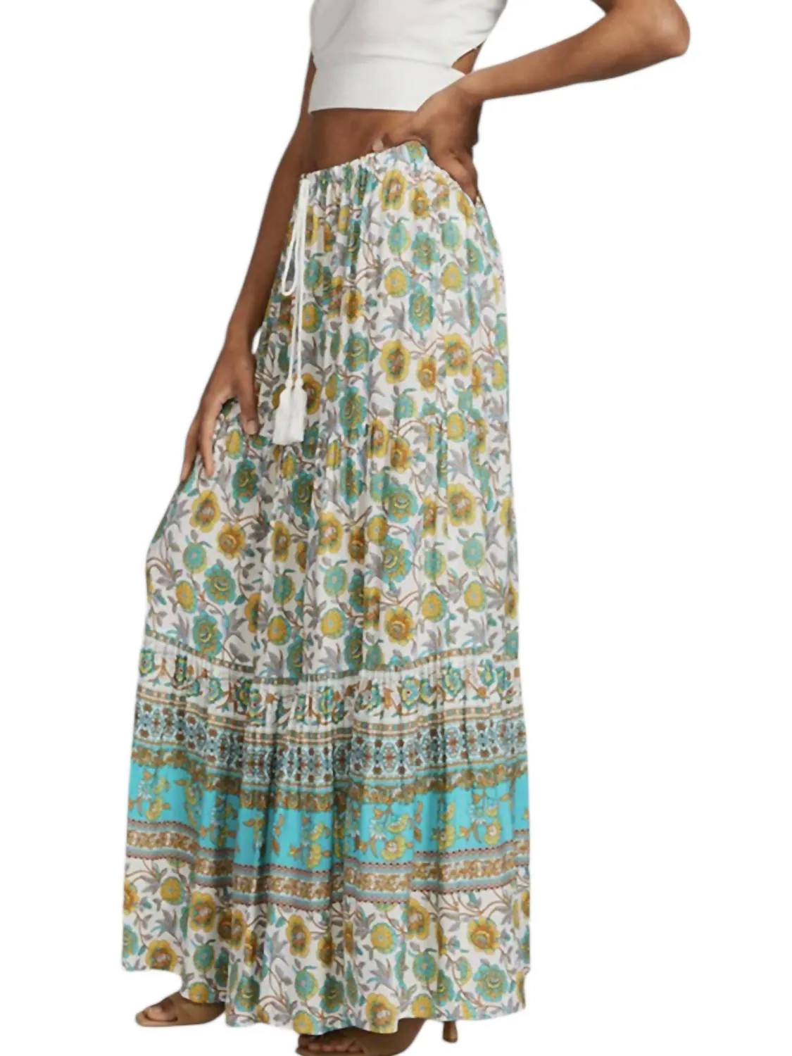 Printed Maxi Skirt In Green Multi
