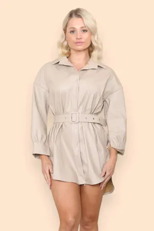 PU Faux Leather Belted Wet Look Shirt Dress mum jeans promo