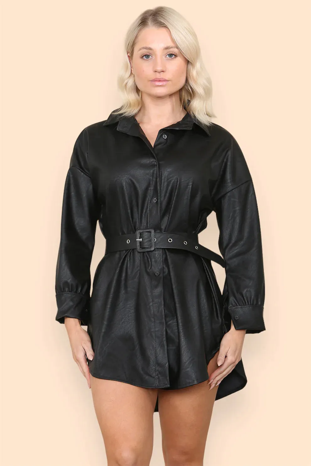 PU Faux Leather Belted Wet Look Shirt Dress