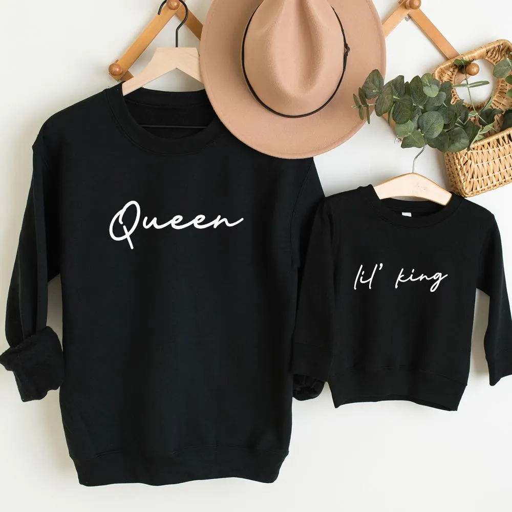Queen & Lil' King Mum & Kid Matching Black Sweatshirts breastfeeding tops cheap
