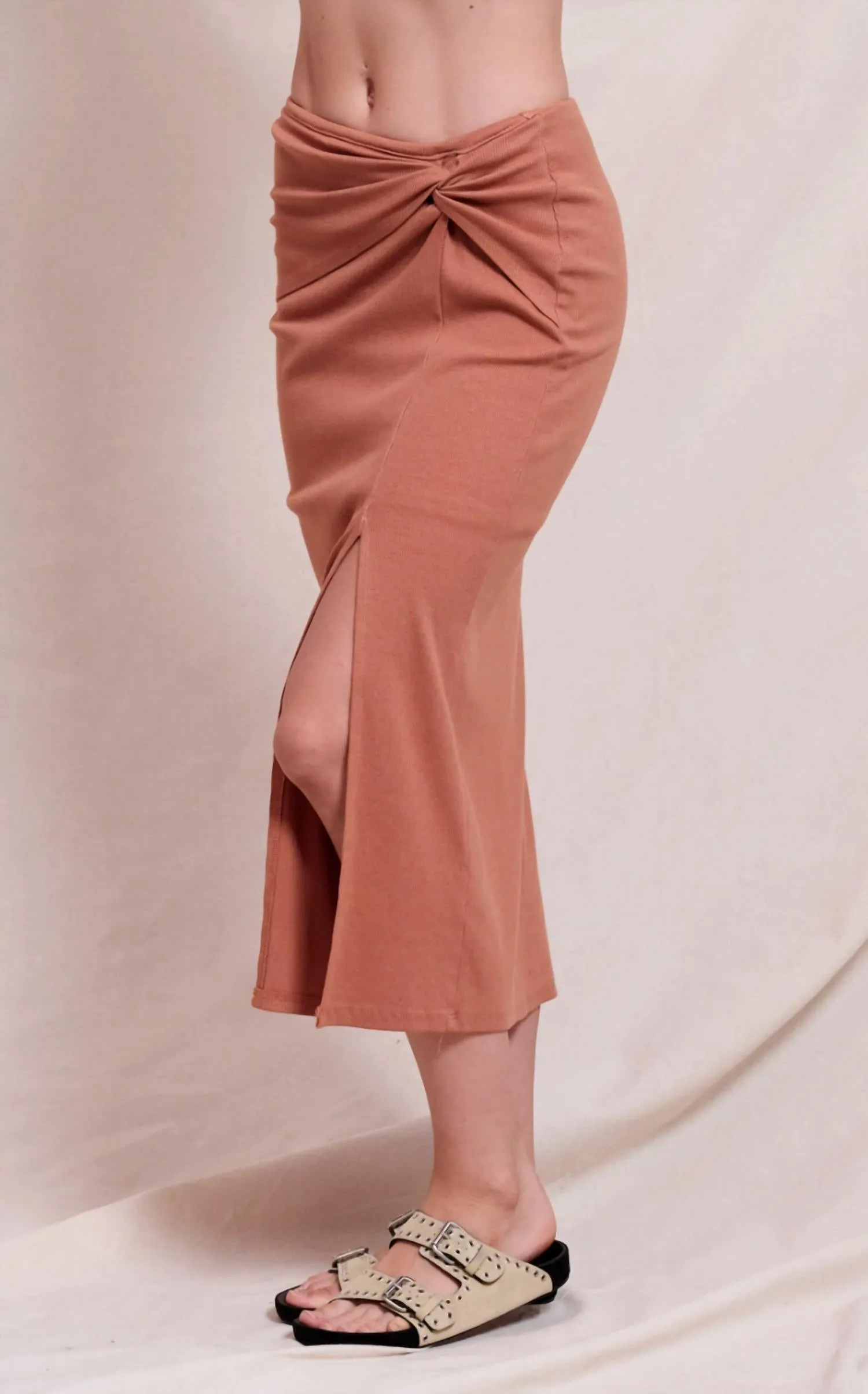 Side Twist Midi Skirt In Vintage Rust