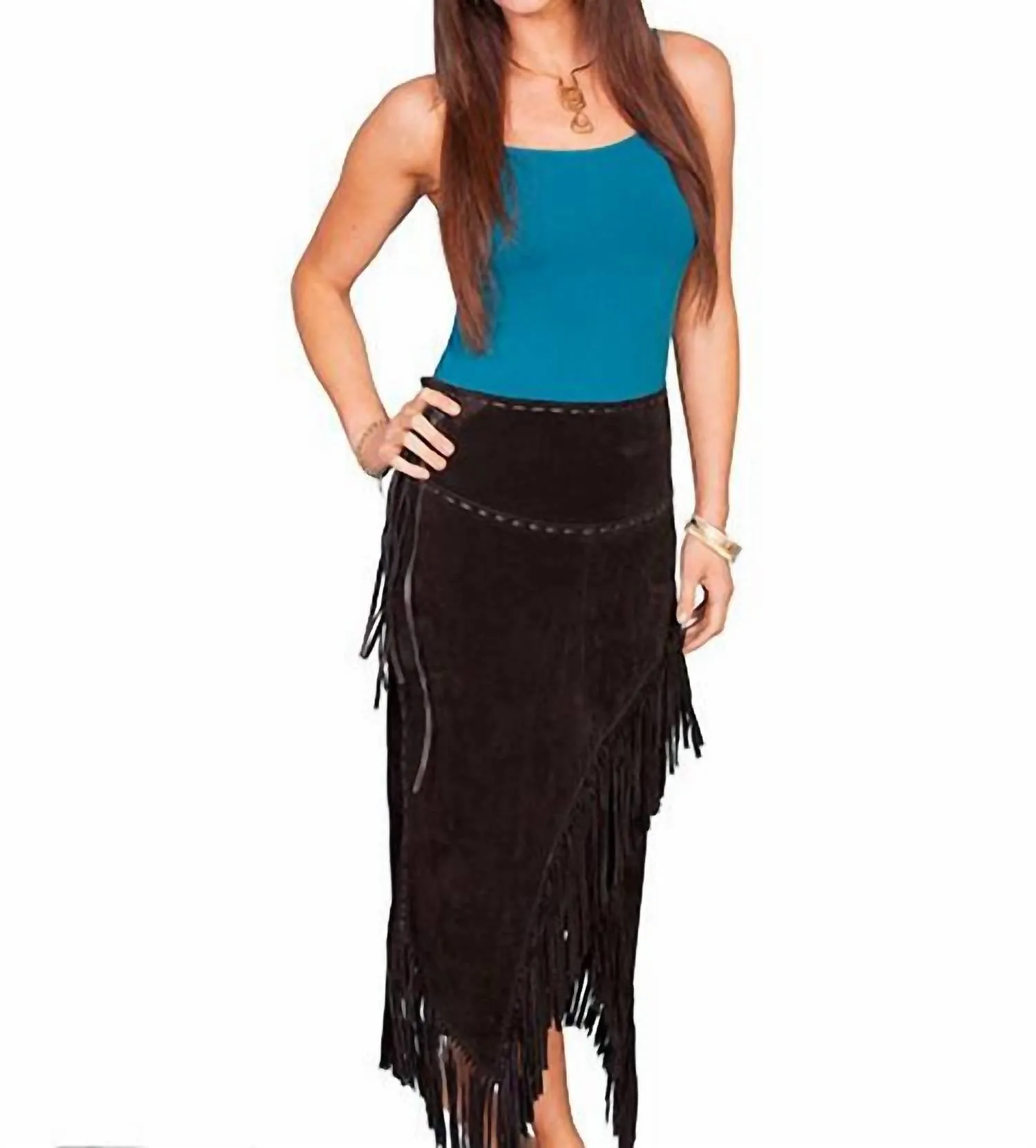 Suede Leather Fringe Midi Skirt In Black