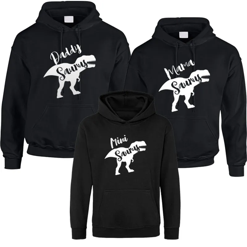 T-Rex Daddy, Mama & Mini Saurus Family Matching Black Hoodies mens dad clothes online