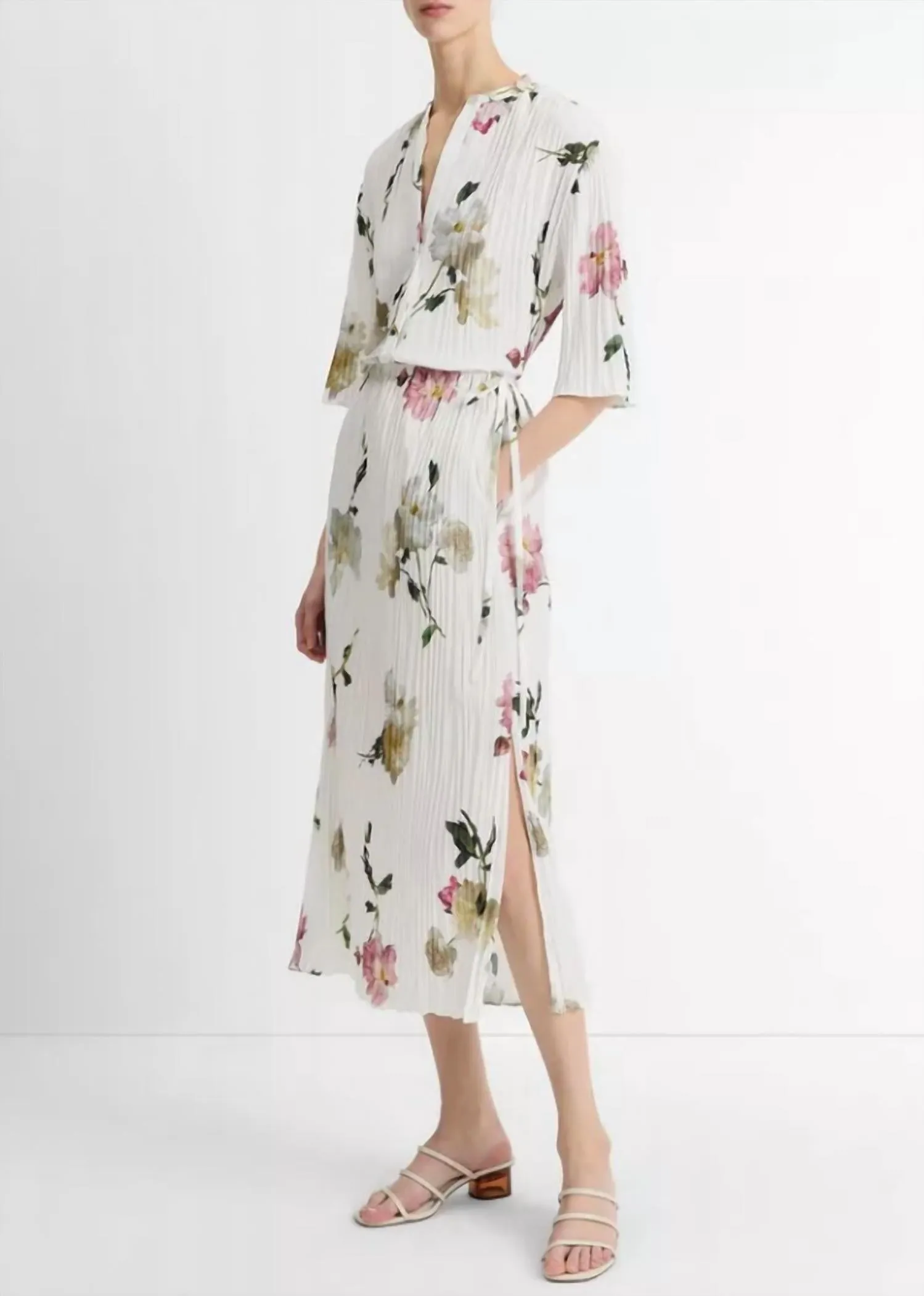 Wilted Peony Pleated Side Tie Skirt In White