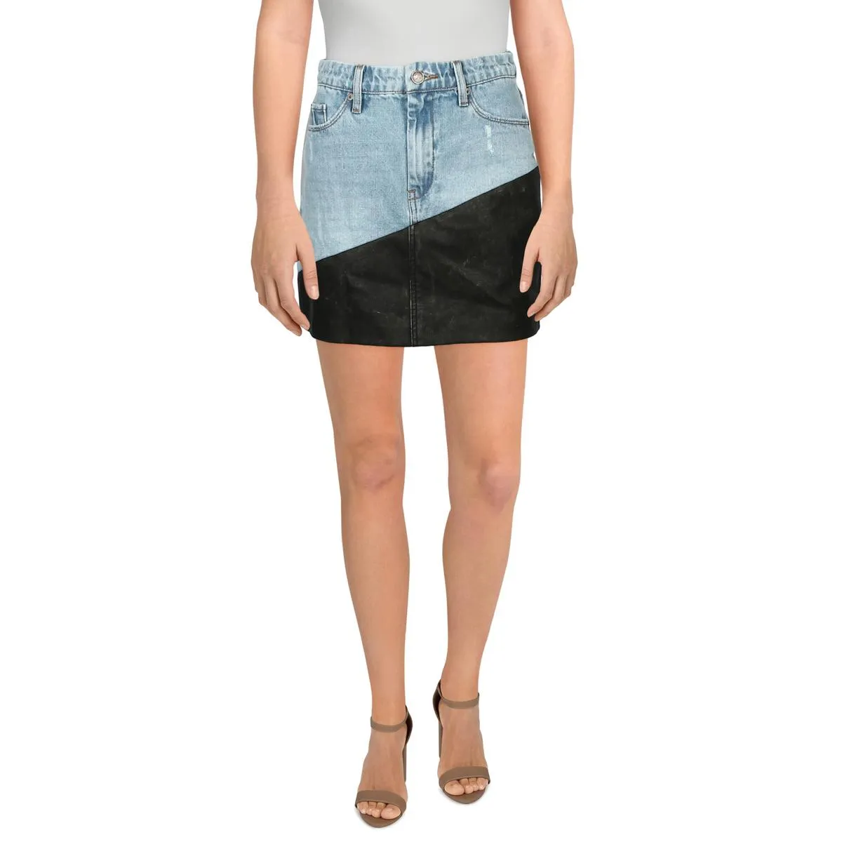 Womens Denim Faux Leather Trim Mini Skirt