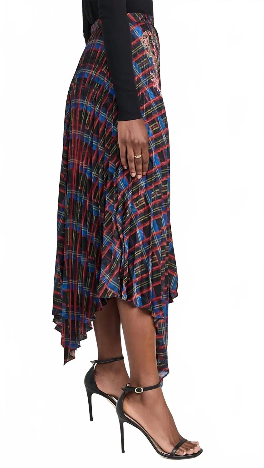 Zuri Embossed Pleat Skirt In Tartan Border